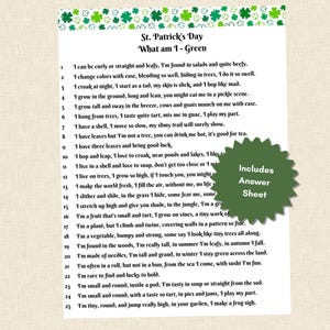 Könnte beinhalten: Ein grünes und weißes druckbares Arbeitsblatt mit dem Text "St. Patrick's Day What am I - Green" und einer Liste von 25 Hinweisen auf verschiedene Dinge, die grün sind. Das Arbeitsblatt enthält den Text "Includes Answer Sheet".