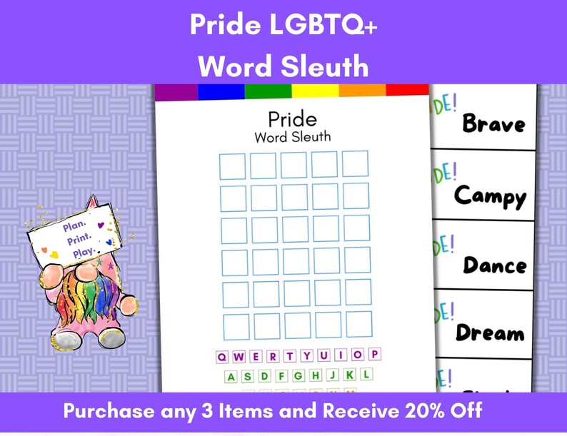 Pride Word Sleuth Printable, LGBTQ Game, Word Solving Puzzle, Paper