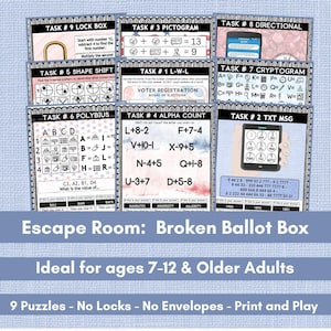 Puede incluir: Nueve rompecabezas de escape room imprimibles con un tema de votación. Los rompecabezas se titulan "Lock Box", "Shape Shift", "Pictogram", "L-W-L", "Directional", "Cryptogram", "Polybius", "Alpha Count" y "Txt Msg".