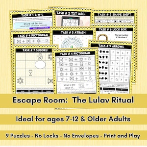 Puede incluir: Un juego de escape room imprimible colorido con el título "Escape Room: The Lulav Ritual". El juego es ideal para niños de 7 a 12 años y adultos. Cuenta con 9 rompecabezas y el texto "9 Puzzles - No Locks - No Envelopes - Print and Play".