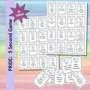 Puede incluir: Un juego de cartas colorido titulado "PRIDE: 5 Second Game" con 92 cartas. Las cartas presentan varios temas relacionados con LGBTQ+, incluyendo celebridades, películas y hashtags de redes sociales. El juego tiene un diseño con una estrella púrpura y un fondo arcoíris.