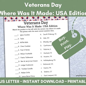 Veterans Day, Made in USA, Matching Game, American Trivia, Classroom Activity, Homeschool Game, Senior Adult Activity, Printables