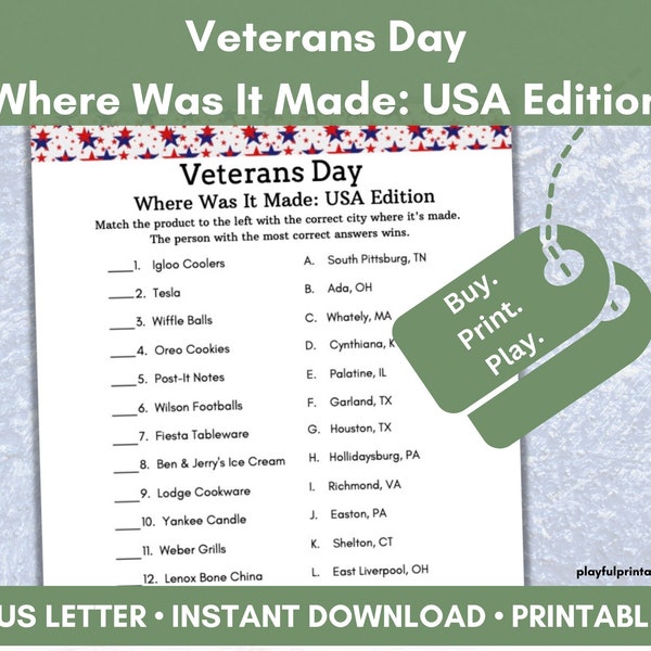 Veterans Day, Made in USA, Matching Game, American Trivia, Classroom Activity, Homeschool Game, Senior Adult Activity, Printables