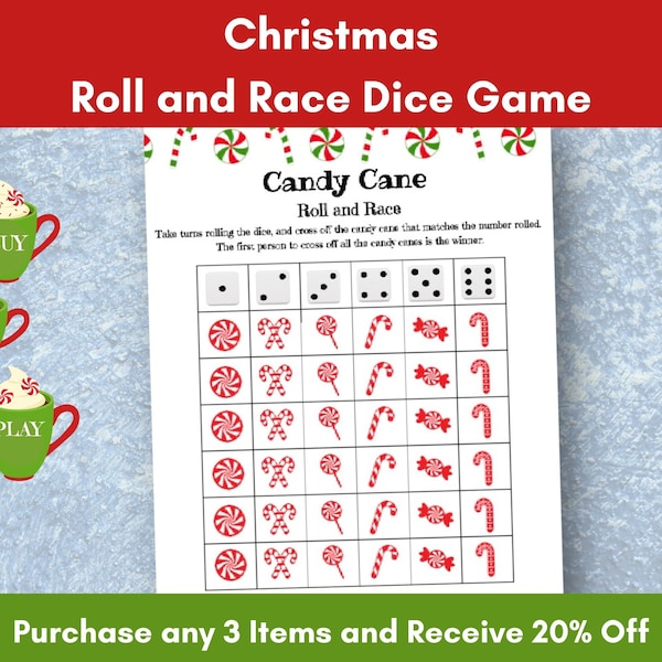 Candy Cane, Christmas Roll & Race, Dice Game, Christmas Activity, Classroom, Church Party, Senior Adult Program, Christmas Party