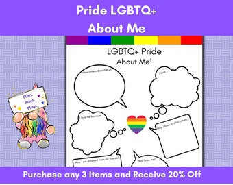 Pride Month Activity, All About Me LGBTQ+ Pride, Celebration Questionnaire Worksheet, Printable Activity