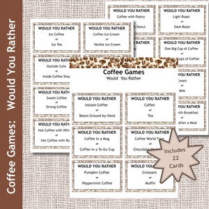 Kaffeespiele zum Ausdrucken, würdest du lieber, Coffee-Shop-Spiele, Kaffee-Themaaktivitäten, Kaffeeparty-Spiele, Büroparty, Spiele für Senioren