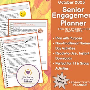 Puede incluir: Un planificador de participación para personas mayores de color naranja y blanco para octubre de 2025, con actividades destacadas y una bonificación de planificador de productividad. El planificador incluye secciones para actividades diarias.