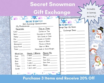 Secret Snowman, Wish List Questionnaire, Secret Santa Planner, Family Exchange Game, Christmas Gathering, Office Gift Exchange, Bonus Game