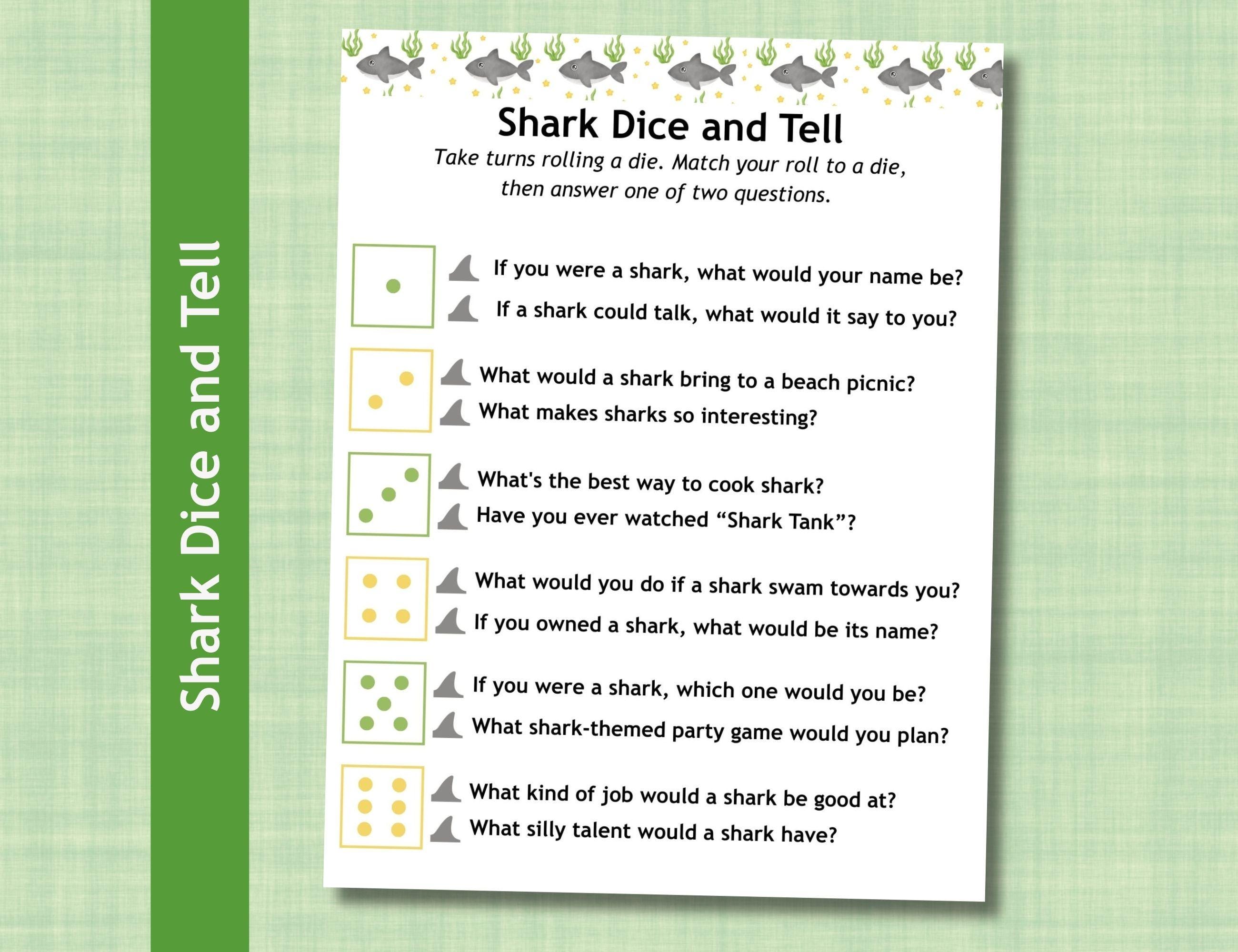 Shark Dice Party Game, Roll and Tell Storytelling (Printable PDF)