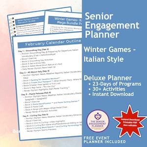 May include: A blue and white Senior Engagement Planner titled "Winter Games - Italian Style." The planner includes 23 days of programs, 30+ activities, and an instant download. The planner also includes a free event planner.