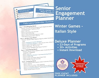 Senior Adult Activity Book, February Engagement Planner, Winter Games Italian Theme, 30+ Printable Activities