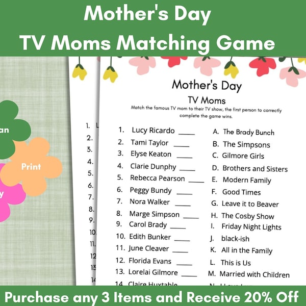 Mother's Day, TV Moms, Match Up Game, Famous TV Moms, TV Moms Trivia, Brain Game, Mom Pop Culture Game, Senior Adults, Family Game