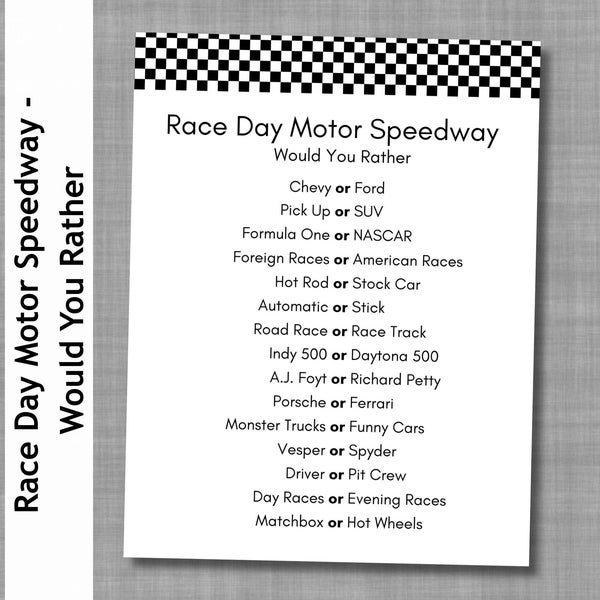 Race Car 'Would You Rather' Game, Speedway Party (Printable PDF)