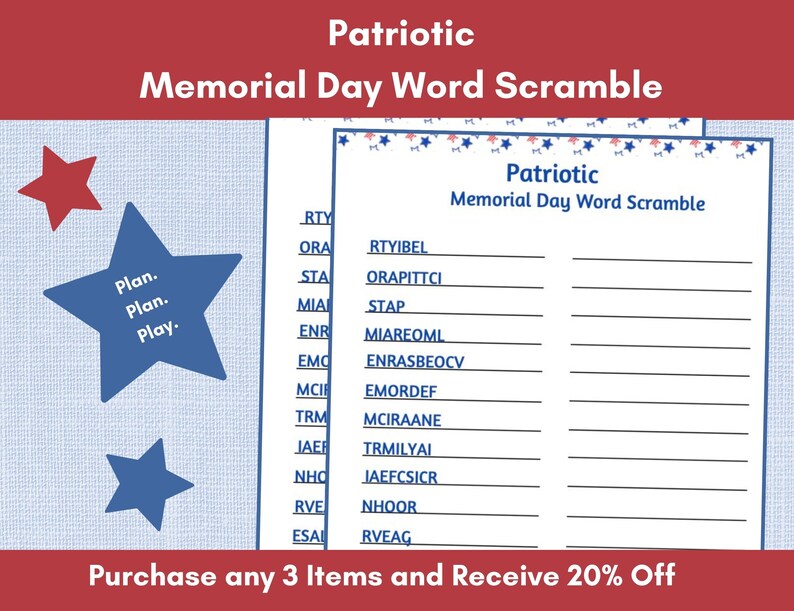 Patriotic Memorial Day Word Scramble Game (digital Download) - Etsy