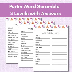 Puede incluir: Tres hojas de trabajo imprimibles para un juego de palabras cruzadas de Purim. Cada hoja de trabajo tiene un nivel de dificultad diferente. Las hojas de trabajo presentan un fondo morado y rosa con un diseño festivo de triángulo con una estrella y un triángulo con un círculo.