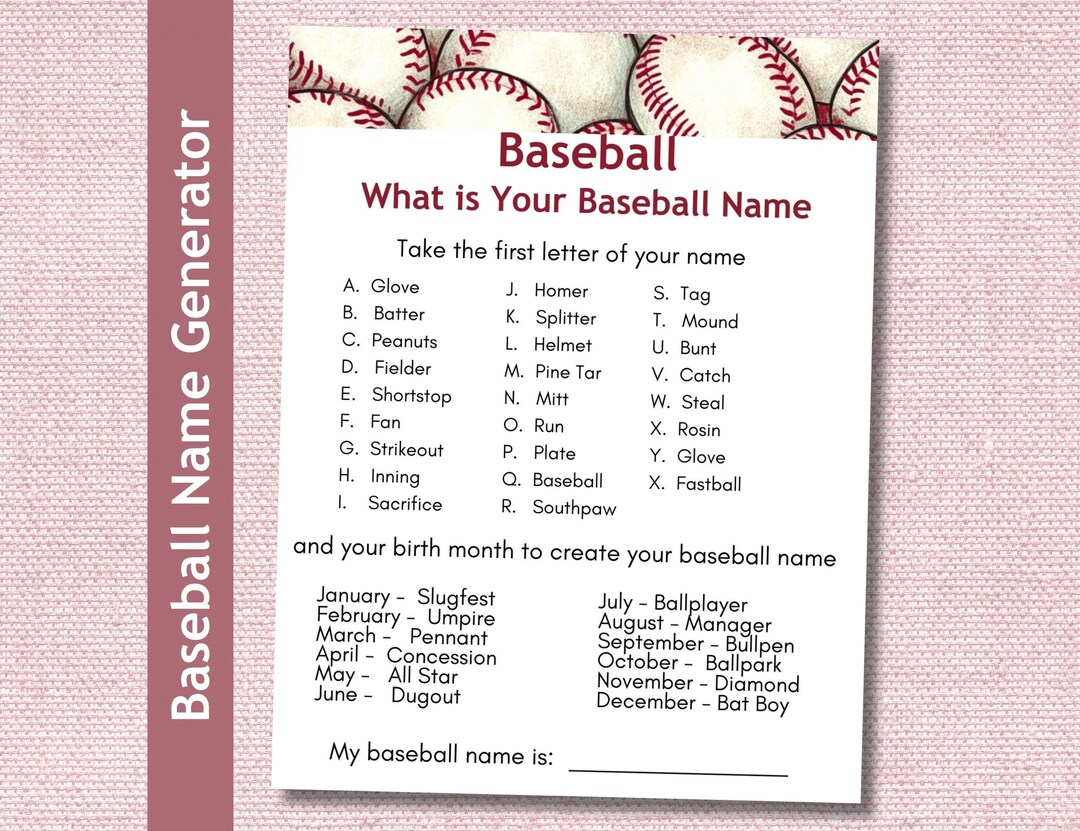 Baseball Name Generator, Printable Party Game (instant Download) - Etsy