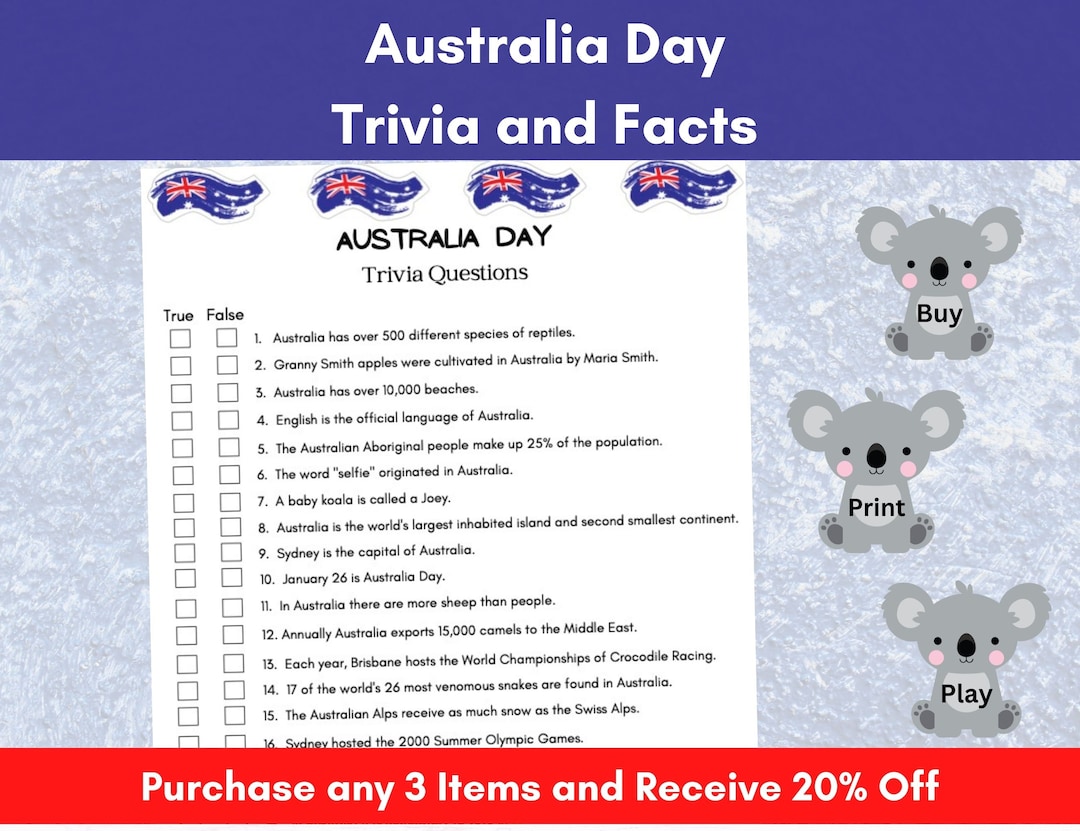 Australia Day, Trivia and Facts, Australia Party Game, Aussie Celebration, Senior Adult Brain