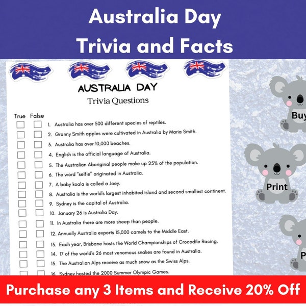 Australia Day, Trivia and Facts, Australia Party Game, Aussie Celebration, Senior Adult Brain Game, School Australia Unit Lesson, Printable