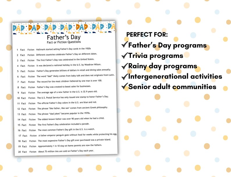 Father's Day Fact or Fiction Game, Trivia Quiz (printable PDF) - Etsy