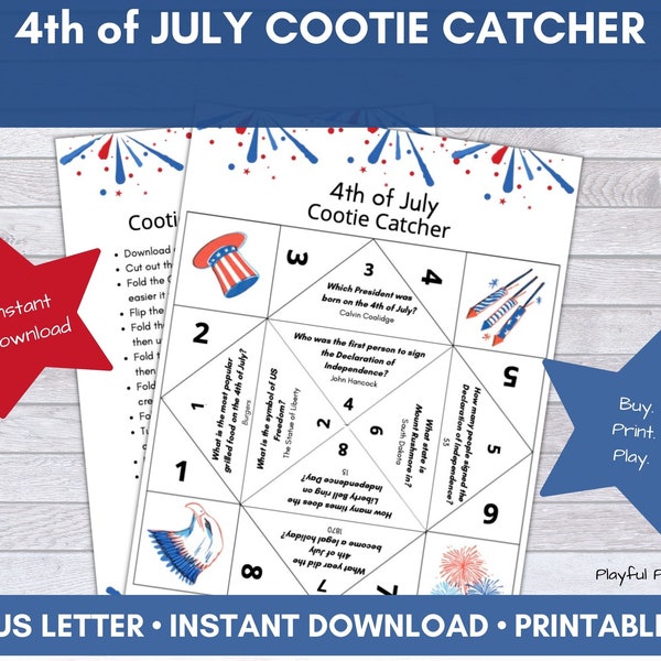 4th of July Cootie Catcher, American History Trivia, Independence Day Cootie Catcher, Party Game, Origami Craft, Digital Download