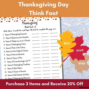 Thanksgiving, Think Fast, Word Game, Trivia Activity, Categories, Friendsgiving Party, Thanksgiving Program, Senior Living, Printable