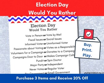 Election Day, Would You Rather, This or That, Voting Game, Senior Living Community, Activity Director, Homeschool/Classroom, Printable