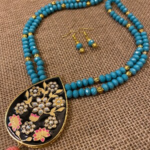 Black Pendent with Blue Beaded Handmade Designer Necklace