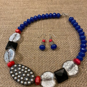 Blue Glass and Oval Wood Bead Handmade Designer Necklace