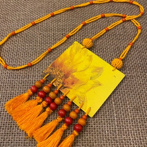 Long Necklace with Decoupage wood Pendant with Beads and Tassel