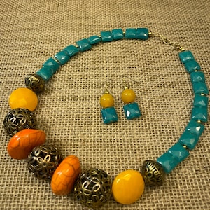 Blue, Orange, Yellow and Bronze Metal Bead Colourful Necklace