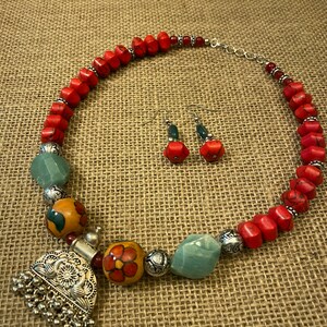 Red and Brown Bead with Metal Pendant Handmade Designer Necklace