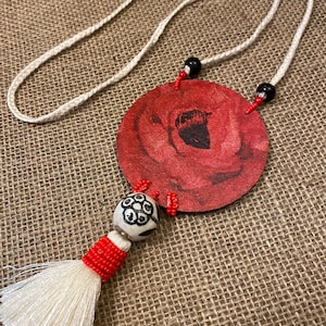 Long Necklace with Decoupage wood Pendant with Beads and Tassel