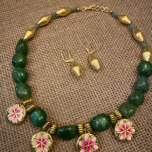 Green Stone bead with Golden Color Bead Handmade Necklace