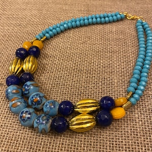 Blue Printed and Yellow Beads Designer Necklace