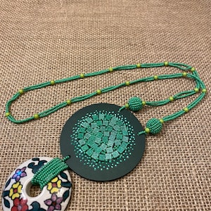 Long Beaded Necklace with Wood and Ceramic Bead Pendant