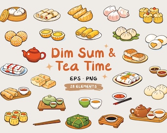 Dim Sum & Tea Time Clipart | Asian Food Illustrations EPS PNG | Hand Drawn Chinese Snacks