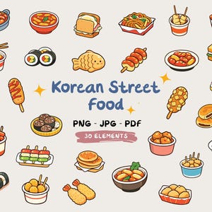 Peut inclure: Illustration de 30 éléments de nourriture de rue coréenne, tels que tteokbokki, kimbap et hot-dogs. L'image comprend le texte "Korean Street Food" et des informations sur le type de fichier.