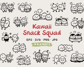 Clipart de Kawaii Snack Squad, conjunto de personajes de comida / Eps Svg Png Jpg / Pareja de bocadillos de dibujos animados