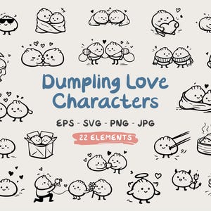Puede incluir: Una colección de ilustraciones de personajes de dumplings en blanco y negro. La frase "Dumpling Love Characters" está escrita en azul. La imagen incluye el texto "EPS - SVG - PNG - JPG" y "22 ELEMENTS".