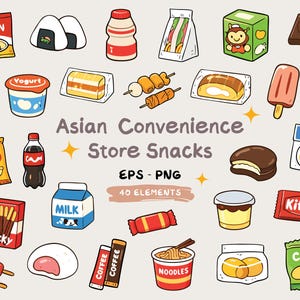 Könnte beinhalten: Illustration verschiedener asiatischer Snacks aus dem Supermarkt, darunter Ramen, Onigiri, Joghurt, Sandwiches und Schokoriegel. Weitere Artikel sind Chips, Milch, Kaffee und Nudeln. Der Text "Asian Convenience Store Snacks" wird angezeigt.