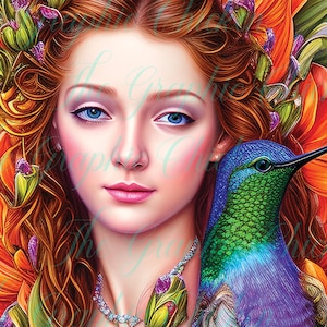 Beautiful and Unique Hummingbird AI Art -  Title: “Lady & Hummingbird”
