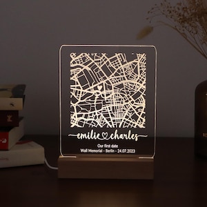 Luce notturna personalizzata con mappa del nostro primo appuntamento, targa acrilica con stampa mappa personalizzata, lampada notturna a LED con mappa di dove tutto è iniziato, regalo di anniversario unico