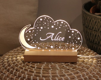 Veilleuse personnalisée bébé ou enfant, Lune et étoiles, Idée cadeau naissance chambre lampe de chevet prénom, Cadeau de Noël