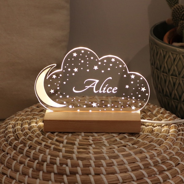 Veilleuse personnalisée bébé ou enfant, Lune et étoiles, Idée cadeau naissance chambre lampe de chevet prénom, Cadeau de Noël