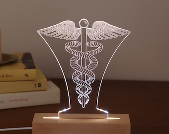 Lampe caducée personnalisée. Cadeau pour médecin, éclairage LED cadeau pour lui. Cadeau pour l'obtention du diplôme d'étudiant en médecine