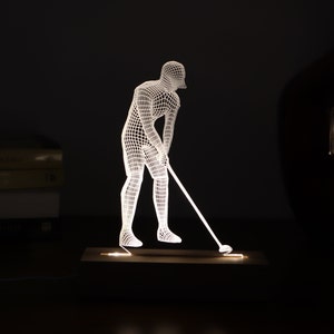 Luz noturna LED 3D Golfer: luminária de decoração para casa com base de madeira