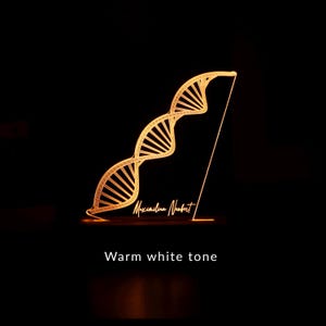 3D illusion lamp featuring a detailed DNA double helix design, illuminated in a white tone, personalized with a name, perfect as a unique and thoughtful gift for geneticists, scientists, or medical professionals specializing in human genome research