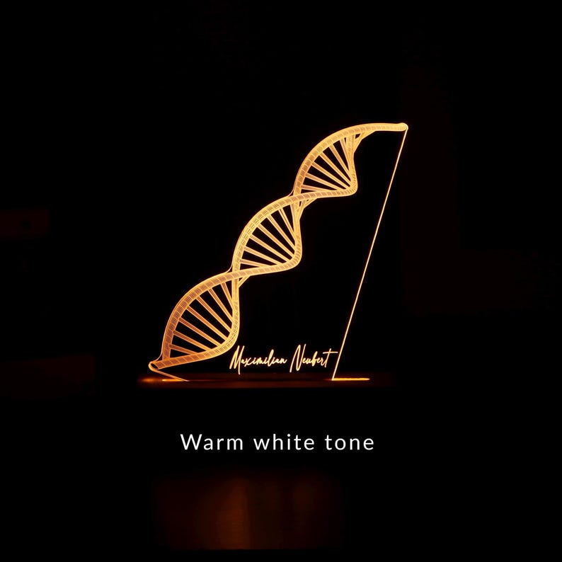 3D illusion lamp featuring a detailed DNA double helix design, illuminated in a white tone, personalized with a name, perfect as a unique and thoughtful gift for geneticists, scientists, or medical professionals specializing in human genome research