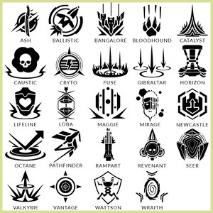 May include: Black and white icons of the 20 Apex Legends characters. Each icon is a stylized representation of the character's abilities and personality. The icons are arranged in a grid of four rows and five columns.