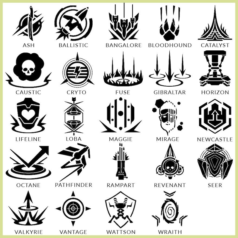 May include: Black and white icons of the 20 Apex Legends characters. Each icon is a stylized representation of the character's abilities and personality. The icons are arranged in a grid of four rows and five columns.